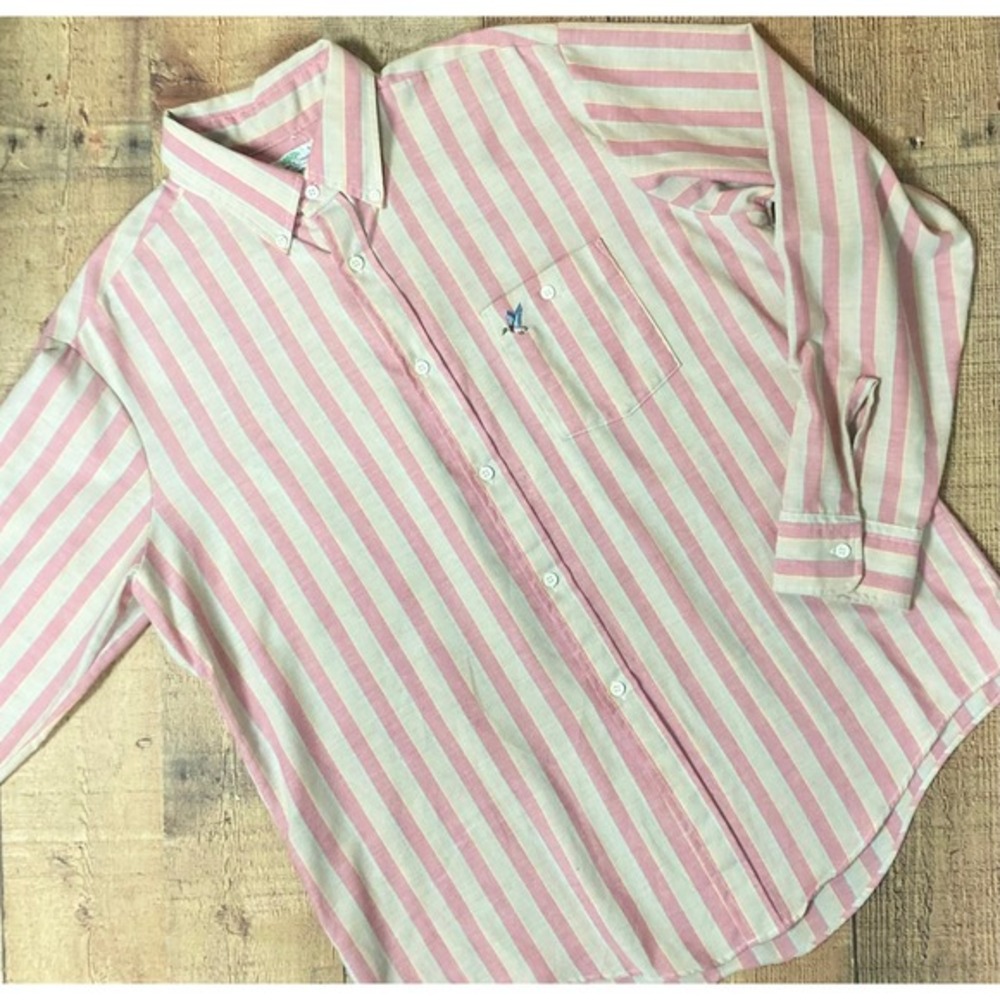 Vintage Raintree Southern Hampton Striped Shirt Mallard Duck Pink Mens Large USA